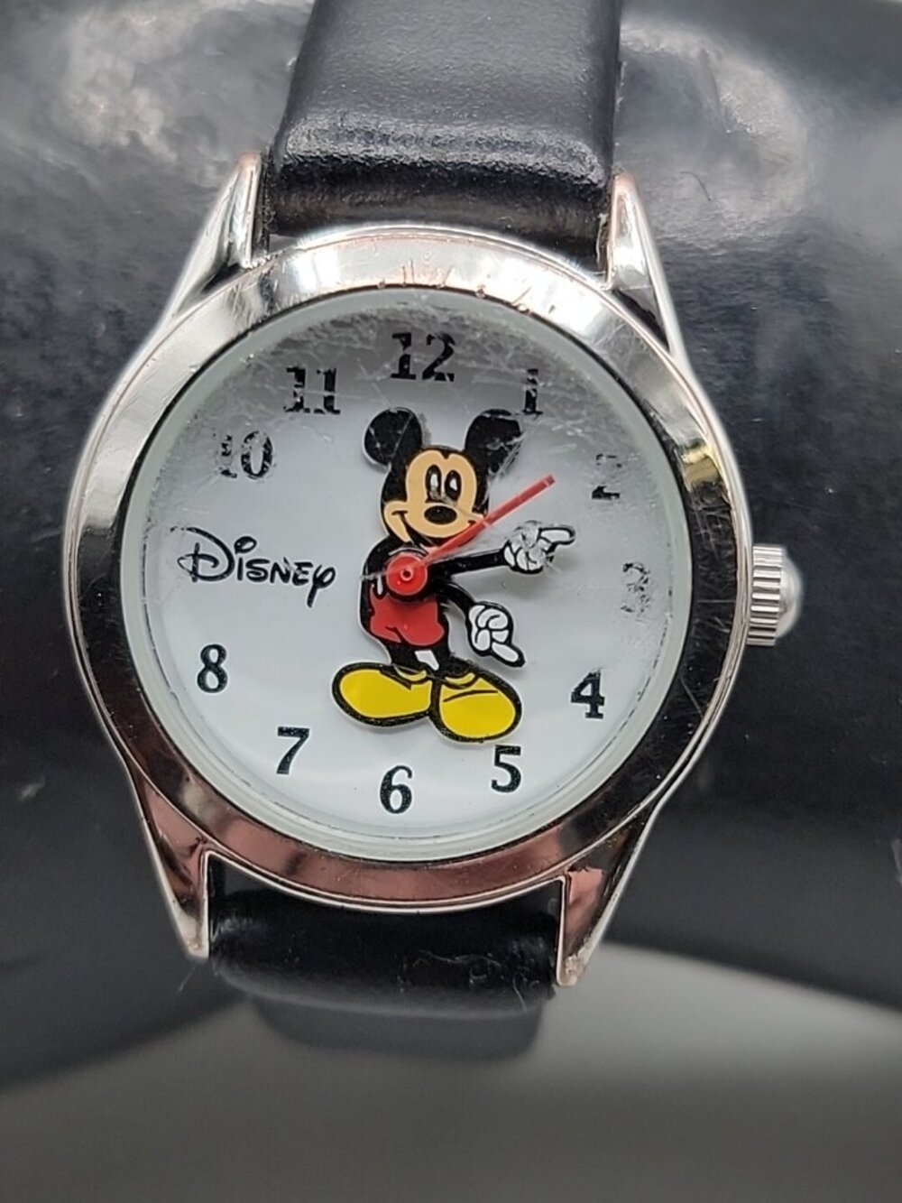 Vintage Disney Mickey Mouse Watch Silver Tone, Hadley-Roma Leather Strap - Runs - Picture 8 of 16